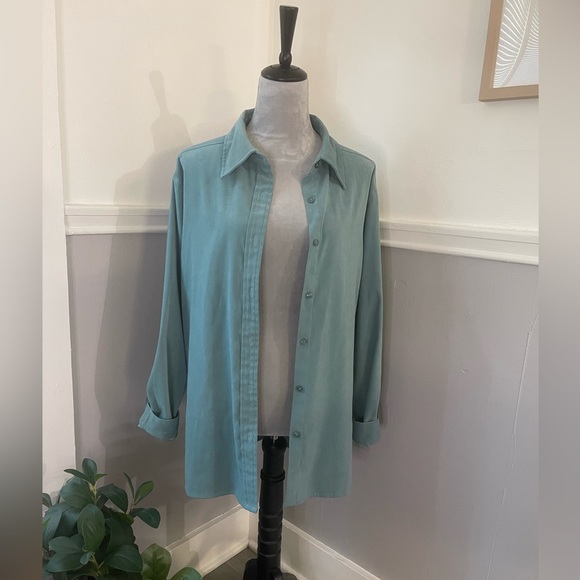 Denim&Co Sage Green Oversized Suede-like Button Down - Picture 1 of 5